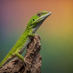 Fototapeta premium A bright lime green anole perched against a sunset gradient background.