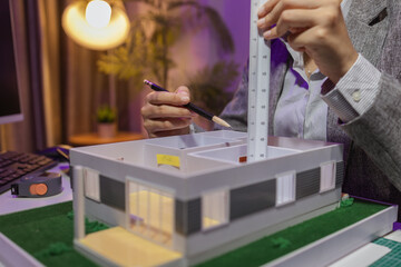a passionate female architect works in her private office to remodel a house to meet her client's exact needs and meet construction deadlines, house model, engineer, blueprint