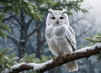 White owl perched on a branch of evergreen tree with snowflakes falling around it, holiday season, snowfall