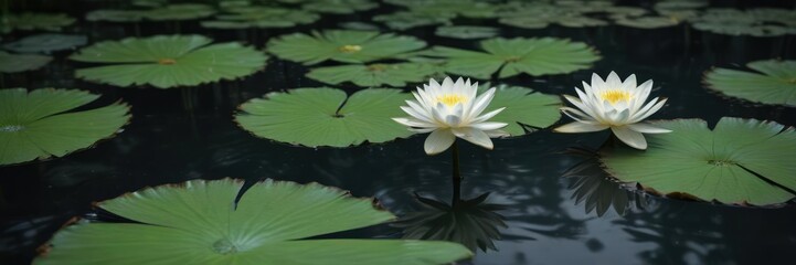 White lotus flower blooming above dark green water lily leaves in pond, flowering aquatic plant, garden oasis, reflection in water, pond ecosystem, water plants