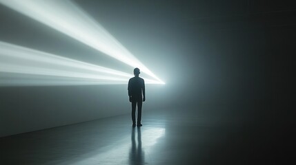 Man standing in dark room, illuminated by bright light beams, contemplating future