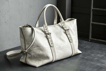 White leather tote bag with rugged texture and metal accents on a dark grey surface, white leather, leather tote bag, luxury feel, rugged texture