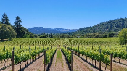 Naklejka premium Vineyard Rows Stretch Towards Distant Mountains Under a Blue Sky