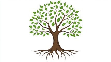 Lush green tree, strong roots, white background; nature, growth concept