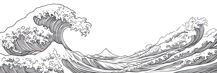 Naklejka premium Great Wave Off Kanagawa Line Art Drawing