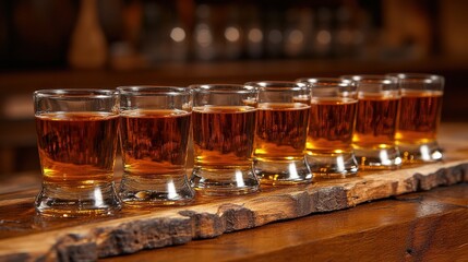 A row of whiskey shots on a rustic wooden bar, with blurred bottles in the background