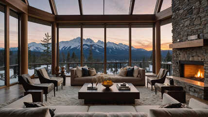 Fototapeta premium Tranquil rustic living room with beige sofa stone wall fireplace fur rug and breathtaking views of snow capped mountains during golden hour Interior Design Inspiration