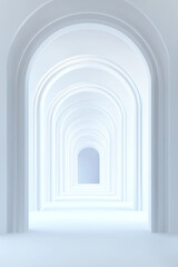 Fototapeta premium Photo of arched doorways leading to an infinite white void, featuring smooth textures and realistic lighting effects