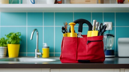 Plumber tool bag on kitchen counter near sink isolated on a colorful background