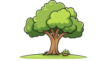 Lush green tree on grassy hill, nature illustration, perfect for children's books