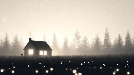 Naklejka premium Cozy cabin in snowy forest at dusk; peaceful scene