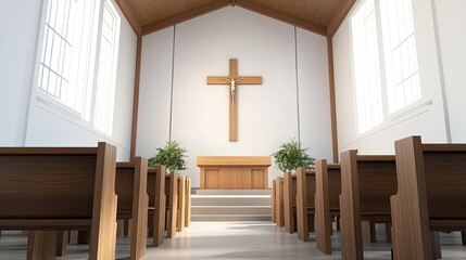 A peaceful Protestant church interior with a wooden cross and a simple pulpit.