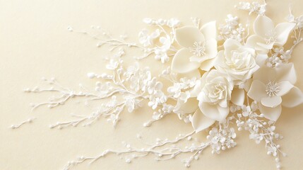 Fototapeta premium White sugar flowers, beige background, wedding decor