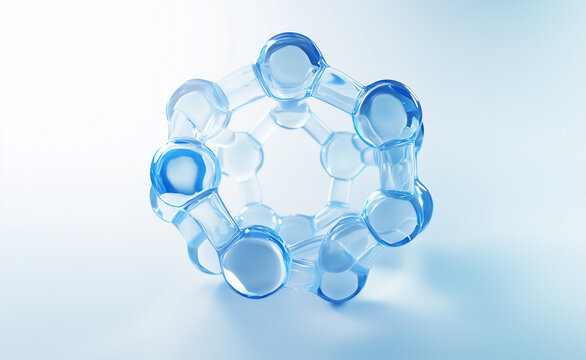 blue glass hexagonal, star-shaped ice crystal,water Moisture molecular structure ,skincare serum, liquid, science,biology, medical, carbon chemistry chain,DNA,3d render