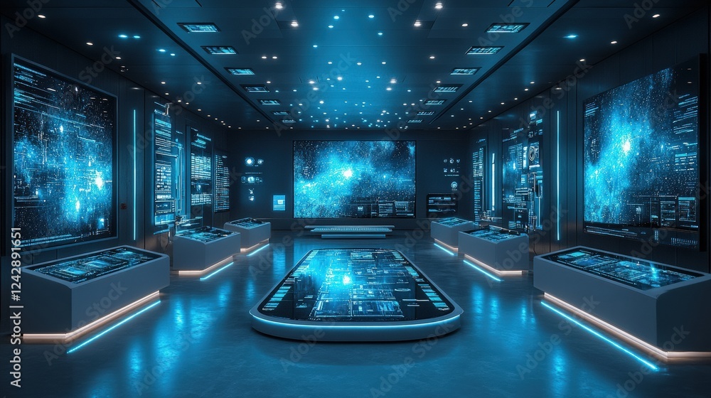 Poster futuristic technology exhibition showcasing interactive displays and holographic interfaces in a sle
