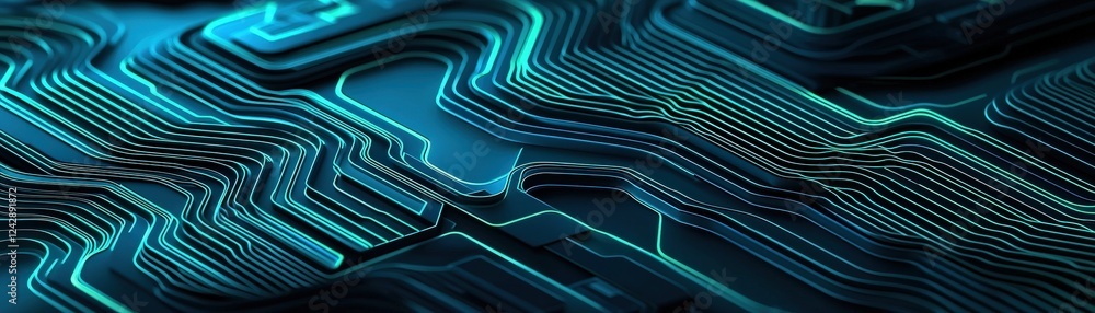 Poster a mesmerizing close-up of a circuit board with intricate patterns and glowing blue lines, symbolizin