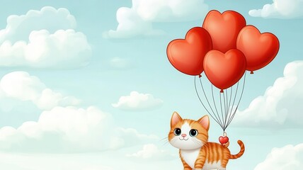 Cute cartoon-style cats holding heart balloons in a pastel sky, playful and charming Valentine s Day illustration