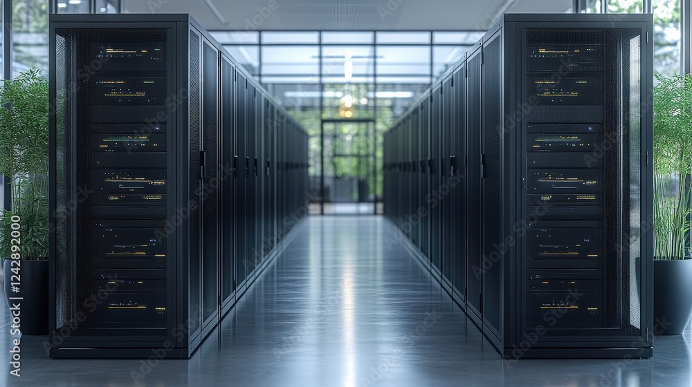 Poster modern data center featuring rows of servers, with large windows showcasing greenery outside