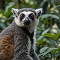 Obraz premium A lemur staring into the camera with lush greenery around.