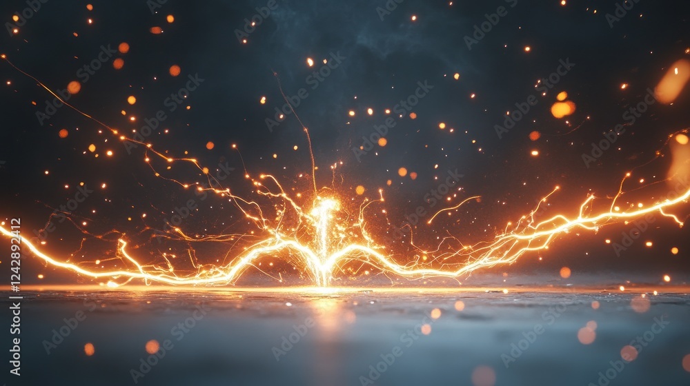 Aufkleber fiery electrical sparks exploding across dark surface