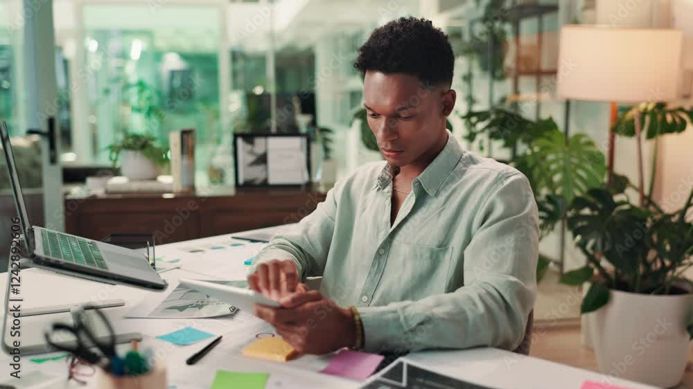 Poster Laptop, thinking and man in office with notes on data analytics, stats or development report. Planning, consultant or business intelligence analyst with online research, documents and ideas on tablet