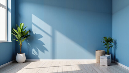 Fototapeta premium Modern blue interior design with plants and natural light, tranquility