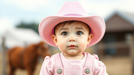 The Farmer&rsquo;s Son: A Baby Boy in His Family Farmhouse, wearing a Hat That Holds Generations of Stories with blur background ai.
