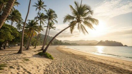Obraz premium Warm sandy beach with sunbeams filtering through palm trees, warm weather, sun filter, warm sand, bokeh sun, natural beauty