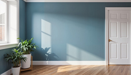 Serene blue wall with sunlight and plant, calming atmosphere