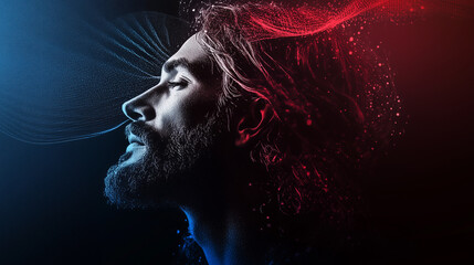 A background where gradation dots and digital wave lines create the image of Jesus' face and digital wave lines wave around it