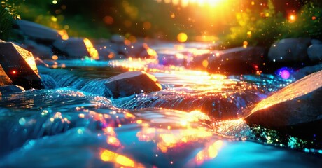 Obraz premium A sparkling stream flowing through a field of colorful flowers, with vibrant pink, yellow, and white petals gently swaying. Sunlight creates a bright and peaceful scene