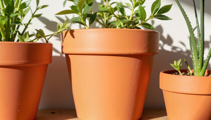 Fototapeta premium Terracotta plant pots with greenery, natural home decor