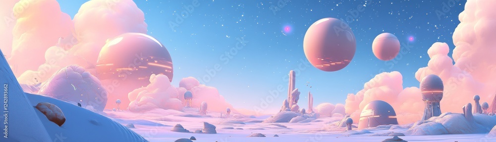 Poster pastel alien planet cityscape with floating structures