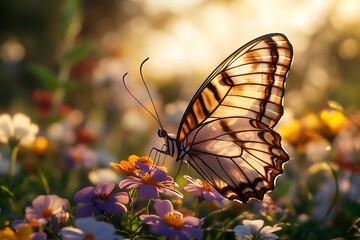 A close-up shot of a delicate butterfly blending with colorful wildflowers in a sunny garden, showcasing the intricate patterns on its wings against a backdrop of nature's beauty.