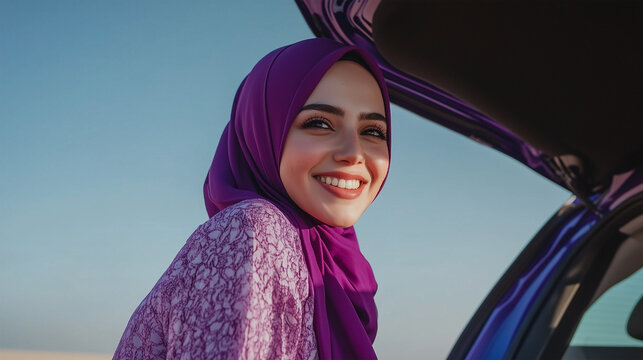 A woman wearing a purple hijab is smiling - Powered by Adobe