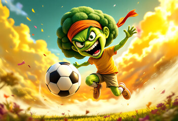 Energetic Cartoon Broccoli Playing Soccer