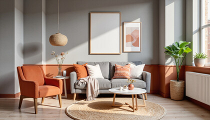 Modern terracotta living room interior with sunlight, cozy atmosphere