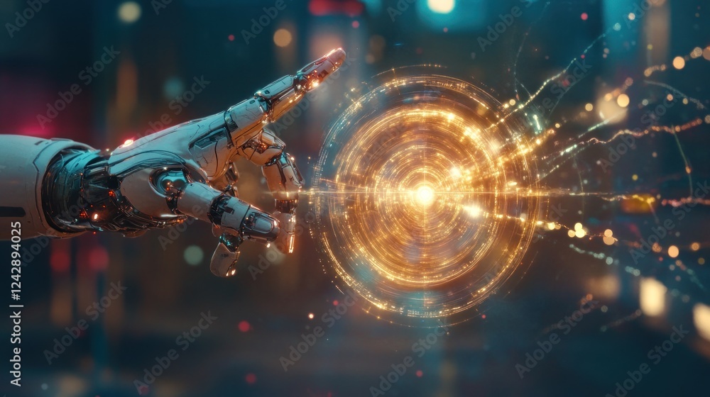 Poster robotic hand interacting with futuristic interface