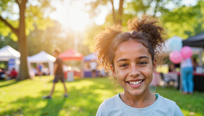 Fototapeta premium Smiling Latina child at community health event in sunny park, joy and health