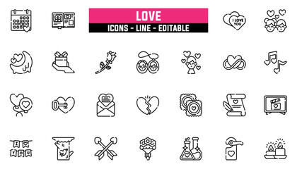 Set of 25 line icons love. Editable stroke. Vector illustration