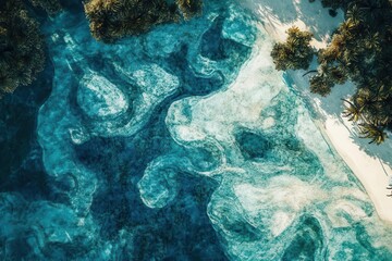 Fototapeta premium aerial view of pristine maldivian atoll, swirling turquoise lagoon patterns, white sand beaches, scattered palm trees, coral reef shadows