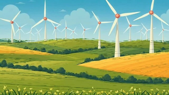spinning wind turbines in cartoon green landscape 