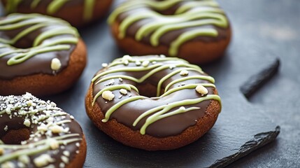 Chocolate doughnuts with a matcha-infused glaze and white chocolate drizzle, elegantly placed on a slate serving board