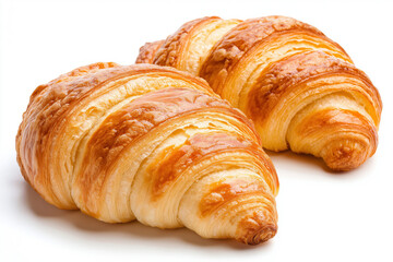Two freshly baked croissants resting on a white background