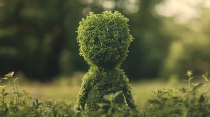 Mossy figure in forest clearing, sunset.  Environmental campaign use