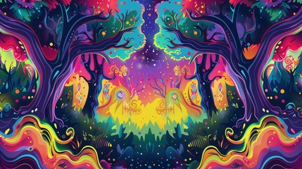 Colorful magic forest background. illustration. Psychedelic psychedelic background.