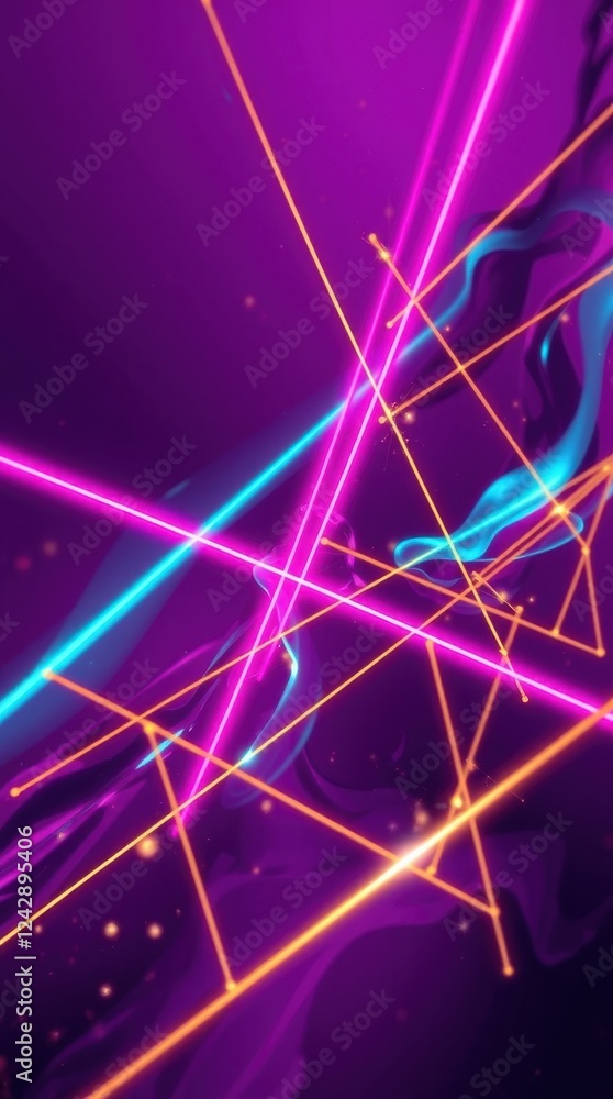 Poster vibrant abstract composition featuring bright neon lines and flowing patterns in a dark, immersive s