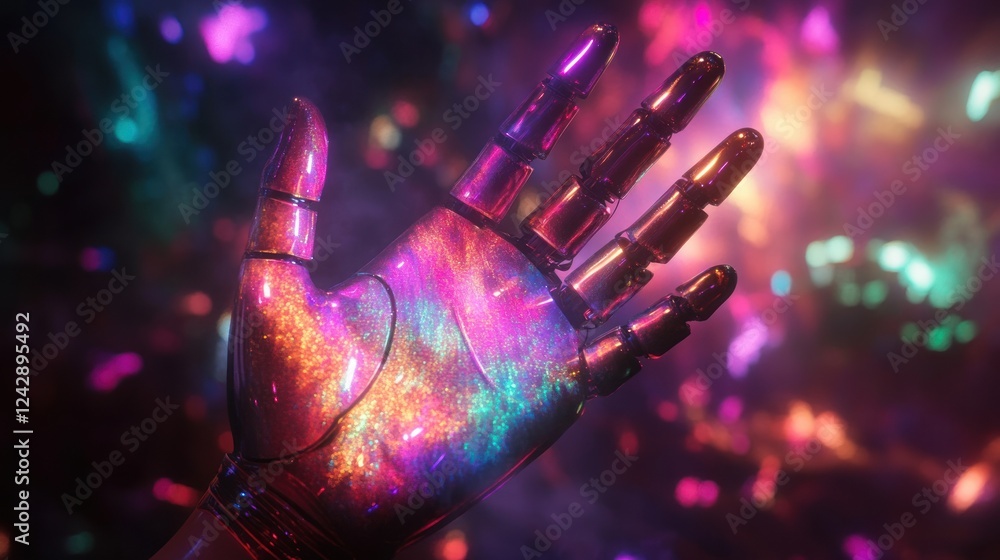 Aufkleber a glittering robotic hand against a colorful background