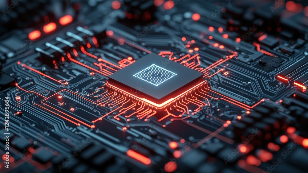Aufkleber a close-up of a futuristic microchip on a circuit board, showcasing intricate designs with glowing r