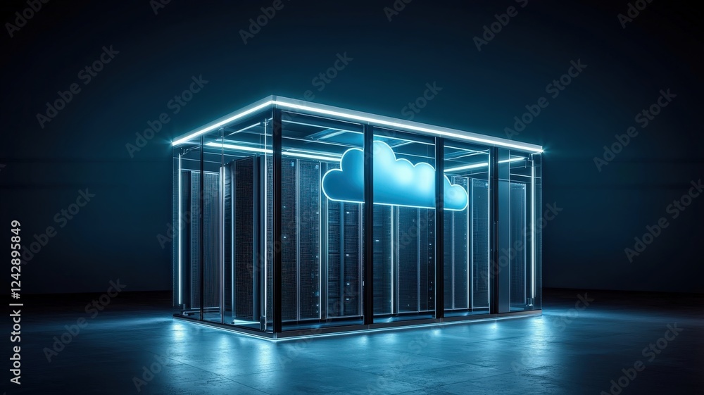 Poster a futuristic data center with a glowing cloud symbol, representing cloud computing and digital stora